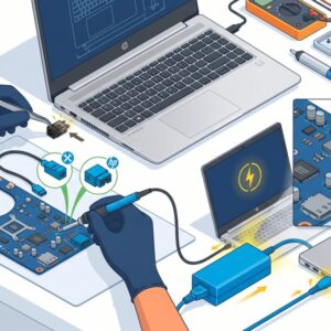 Изометрическая иллюстрация процесса ремонта разъема питания ноутбука HP ProBook на белом фоне