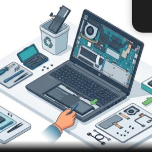 Изометрическая иллюстрация процесса замены клавиатуры ноутбука HP ProBook на белом фоне в современном стиле