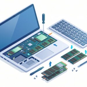 Изометрическая иллюстрация процесса обновления оперативной памяти и SSD-накопителя в ноутбуке HP ProBook